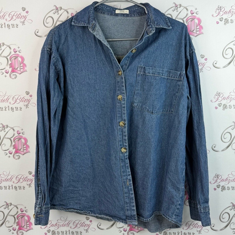 Ardene shirt button down long sleeves denim pocket Blue Denim Shirt